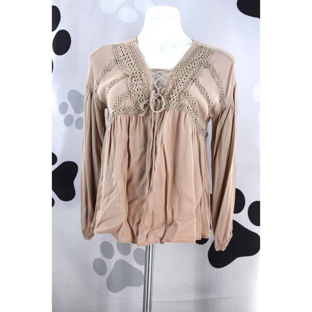 Altar'd State Long Sleeve Boho Peasant Blouse Crochet Cage V Neck Tie Taupe Sm